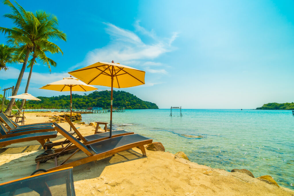 Beautiful tropical beach and sea with coconut palm tree in parad