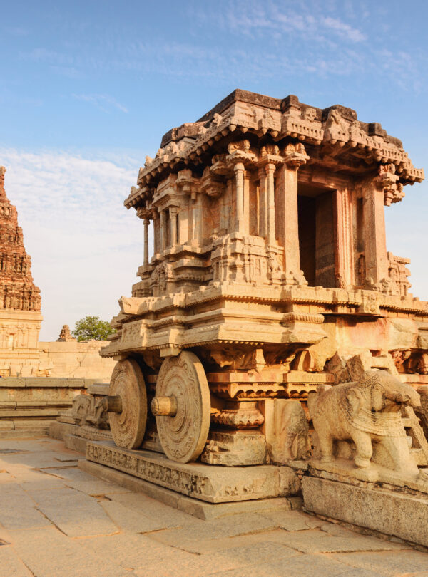 Stone chariot in Hampi Vittala Temple at sunset